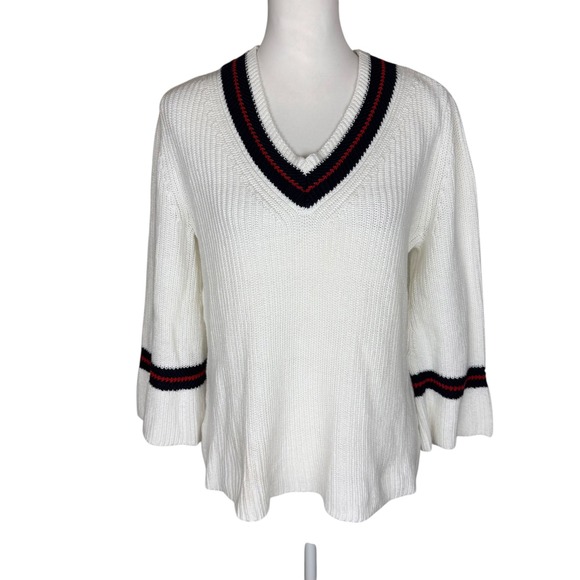CAbi Sweaters - Cabi Ace hite Shaker Stitch V-Neck Pullover Sweater Striped Trim 5639 Small